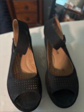 Clarks Black Perforated Peep-Toe Wedge Sandals